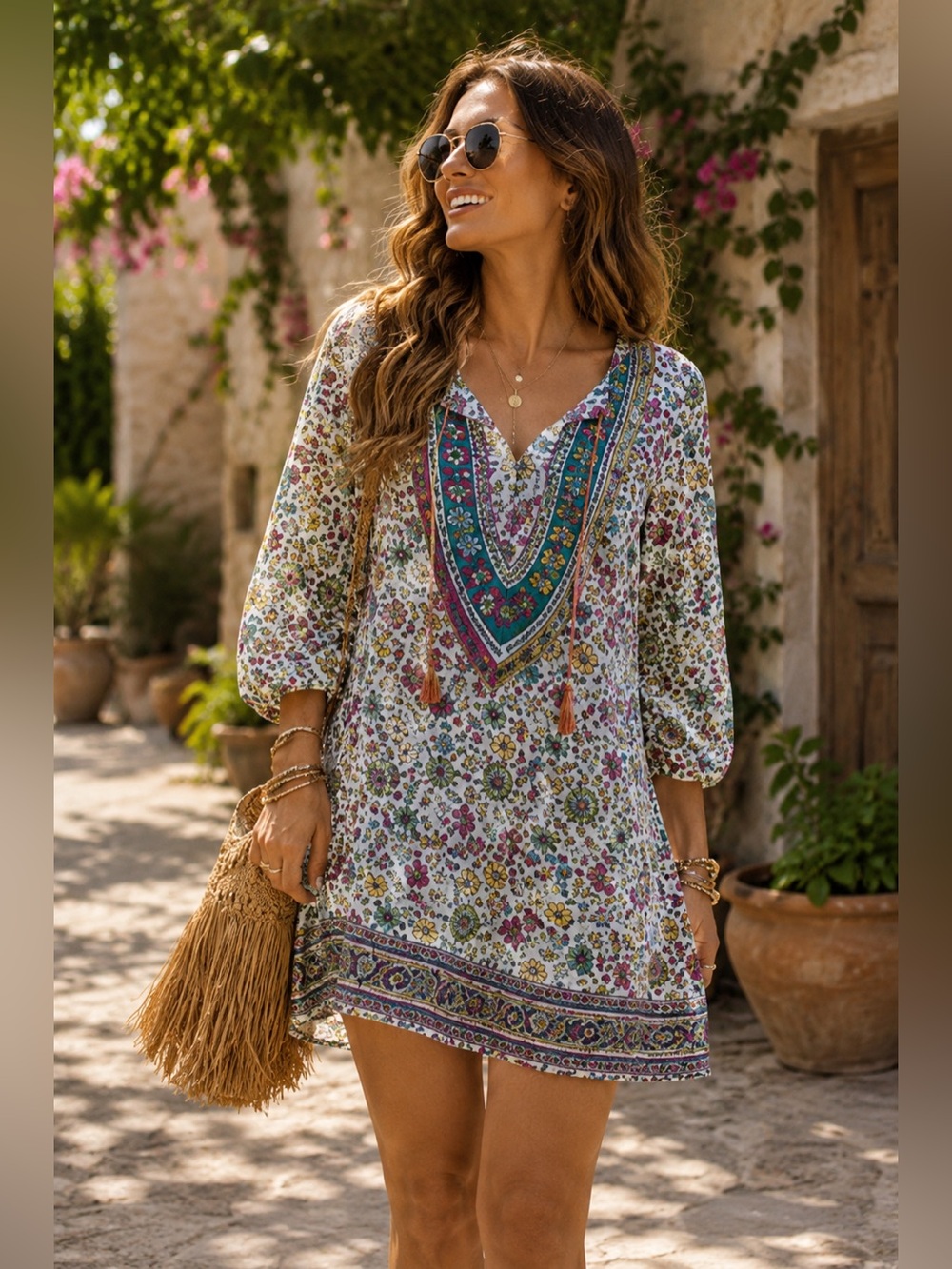 NLW Boho Floral Mini Dress Tunic Small Colorful Peasant Festival Tassel Beachy